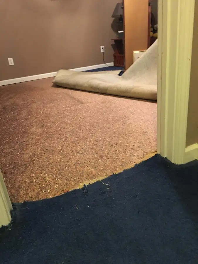 Carpet pad removal revealing water damage during Drying & Dehumidification in Watertown